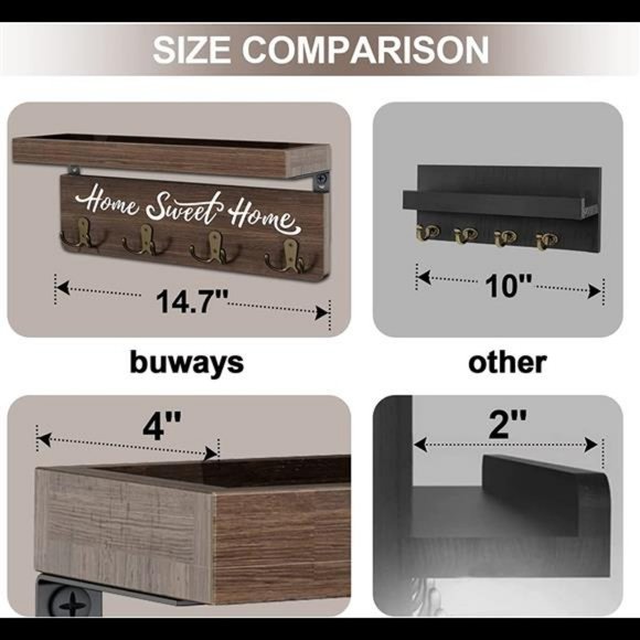 buways Wall-Mounted Key and Mail Holder, Wooden Key Rack with 4 Double Key Hooks - Picture 2 of 6